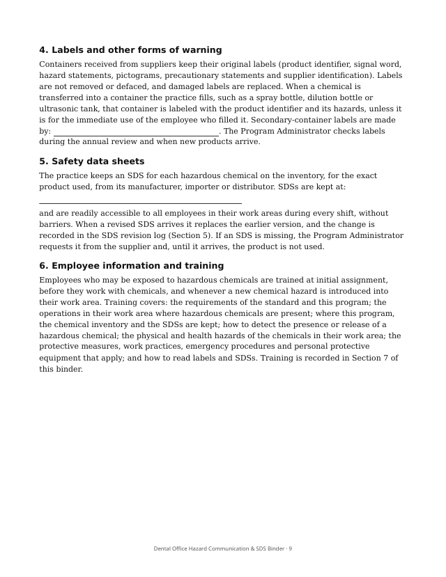 Page 9 of Dental Office Hazard Communication & SDS Binder: written hazard communication program template
