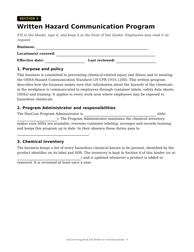 Page 9 of HazCom Program & SDS Binder for Small Businesses: written hazard communication program template