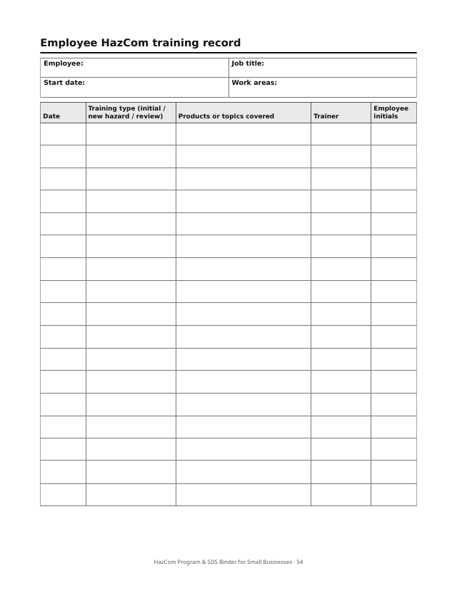 Page 54 of HazCom Program & SDS Binder for Small Businesses: employee HazCom training record