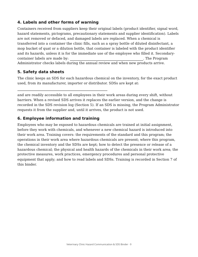 Page 9 of Veterinary Clinic Hazard Communication & SDS Binder: written hazard communication program template